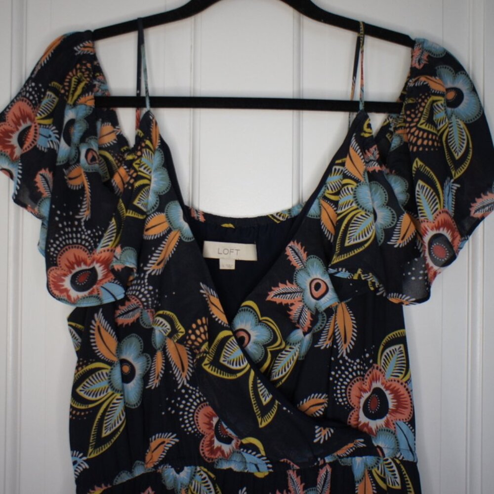 ANN TAYLOR LOFT" FLORAL COLD SHOULDER RUFFLE MAXI DRESS SIZE L